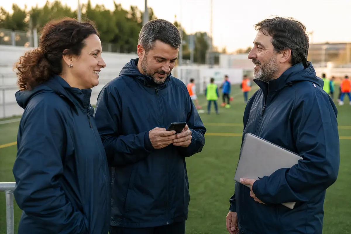 Directivos de un club de fútbol base revisando la gestión del club junto al campo